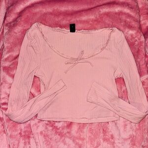 SHEIN Pink Long Sleeve Lace Trim Top